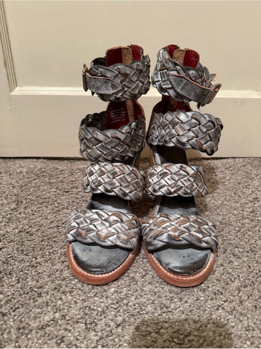 Woven Grey Leather Strappy Women's Sandals